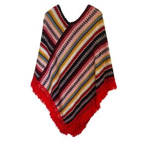 Boho Crochet Knit Poncho Fringe Shawl Multicolor Striped Festival Western Wrap